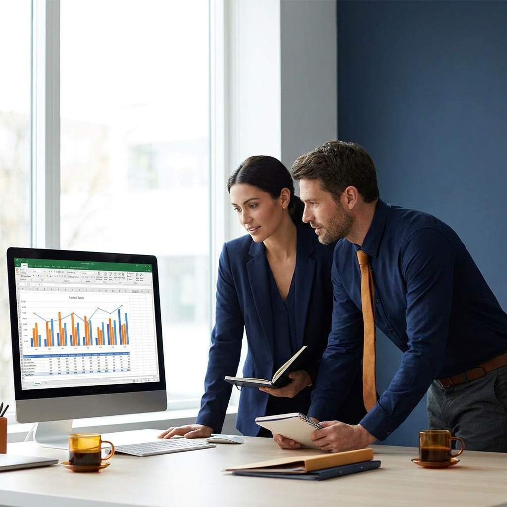 A channel manager running a partner pipeline review with an account executive, a shared account list and a forecast on the monitor between them, deep navy and warm amber palette