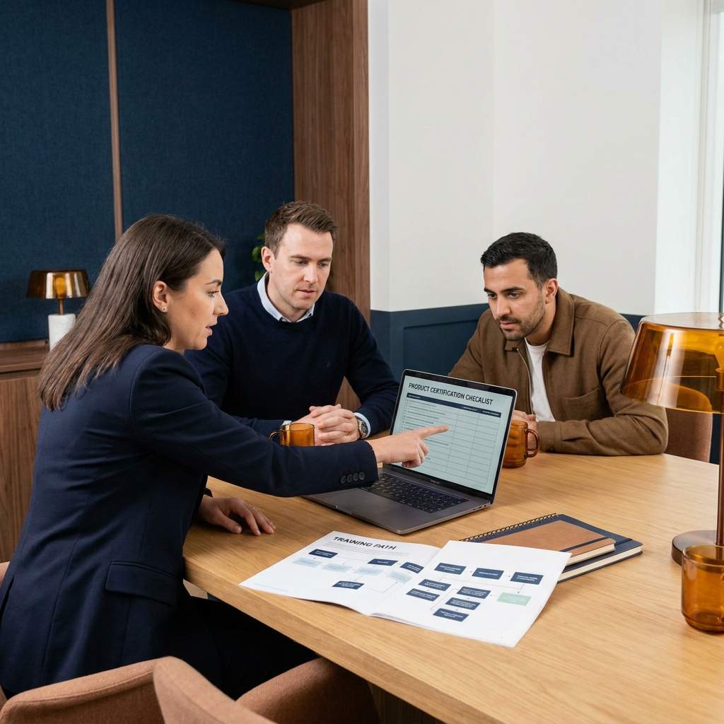 A vendor enablement lead and two channel partner reps working through a product certification checklist on a laptop with a printed training path on the table, deep navy and warm amber palette