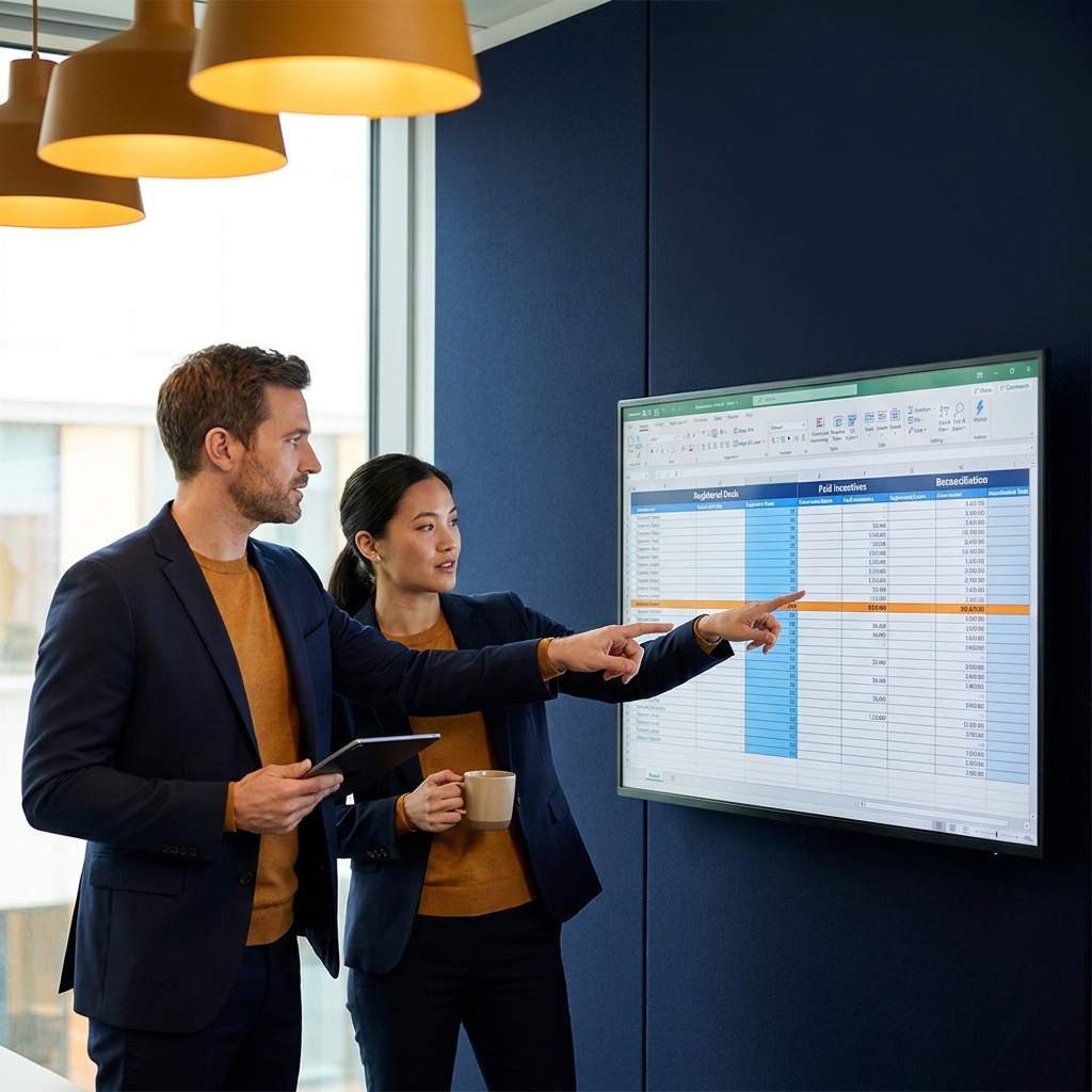 A channel operations lead and a finance partner reviewing a channel forecast on a wall monitor, reconciling registered deals against paid incentives line by line, deep navy and warm amber palette