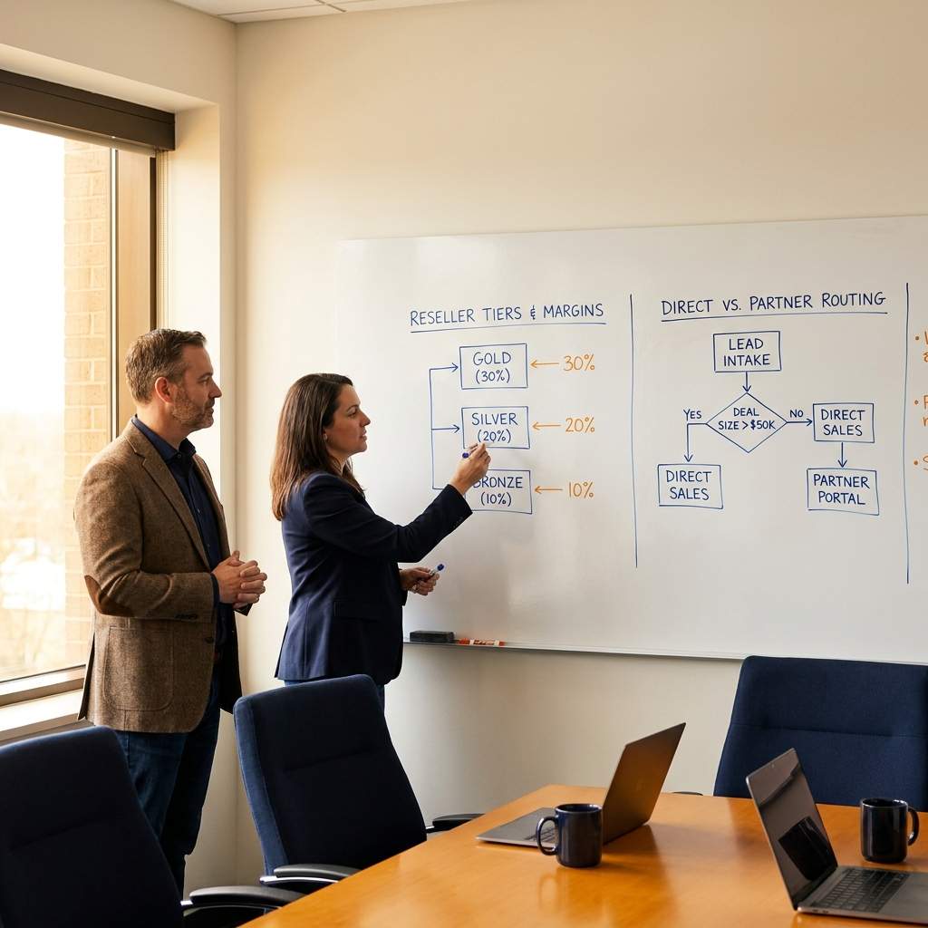 A revenue leader and a channel chief mapping a channel sales model on a whiteboard with reseller tiers, margins, and a direct-versus-partner routing chart visible, deep navy and warm amber palette