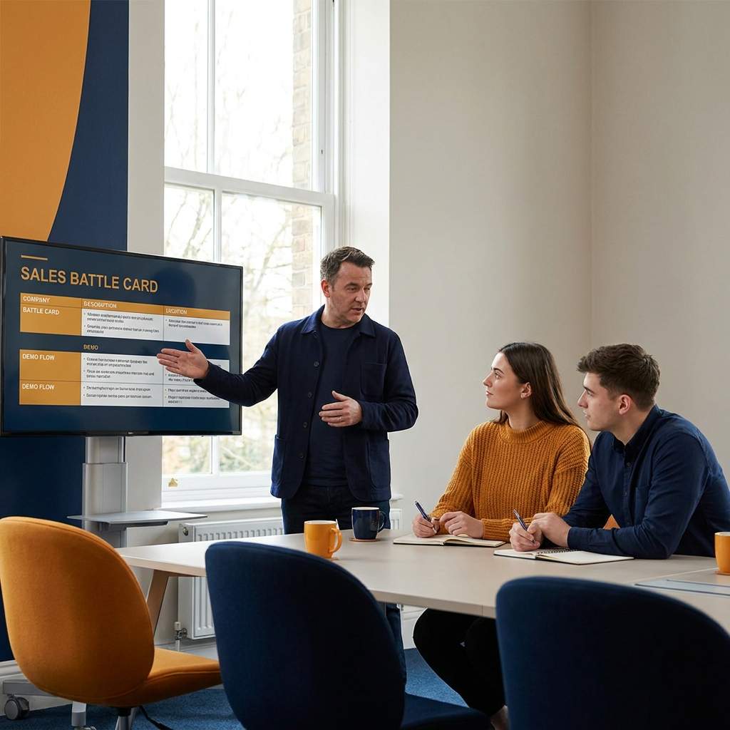 A vendor enablement lead coaching two partner reps through a sales play in a training room with a battle card and demo flow on the monitor, deep navy and warm amber palette