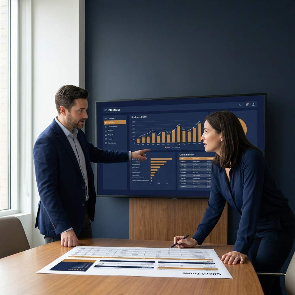 Two account executives from different companies running a shared account plan on a wall monitor with an overlap account list printed on the table, deep navy and warm amber palette
