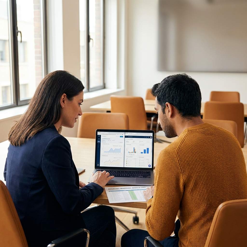 A partnerships leader and a RevOps analyst comparing partner-overlap tools side by side on a laptop, a printed account-mapping match list on the table between them, deep navy and warm amber palette