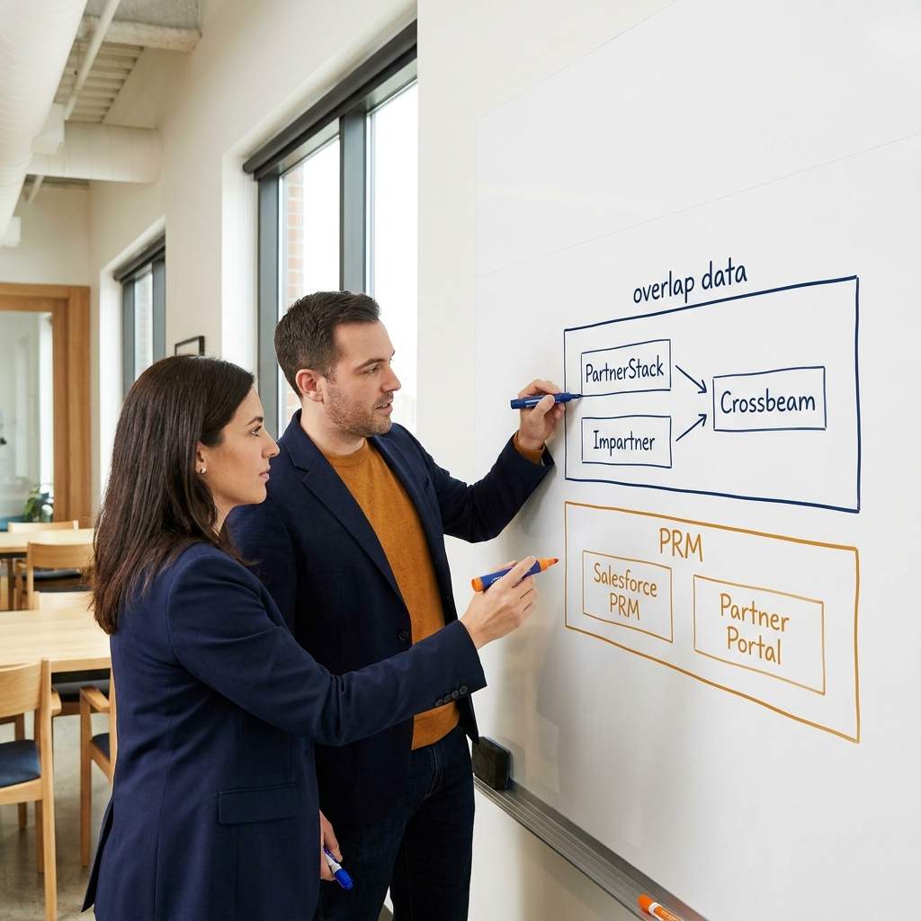 Two RevOps colleagues at a whiteboard drawing two stacked layers labeled overlap data and PRM, mapping which partner tool owns which job, deep navy and warm amber palette