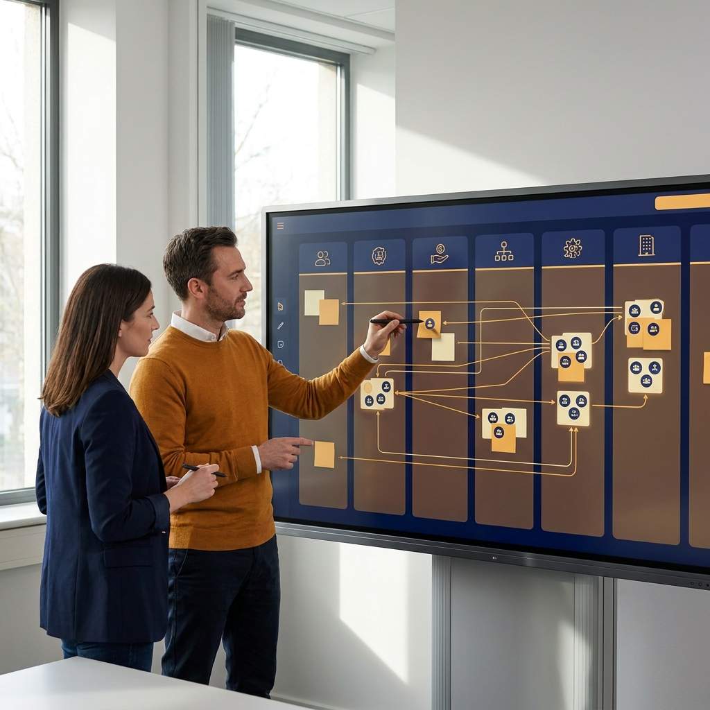 A partnerships lead and a sales strategist filling in an ecosystem map on a large screen, sorting partners into seven columns and overlaying shared accounts, deep navy and warm amber palette