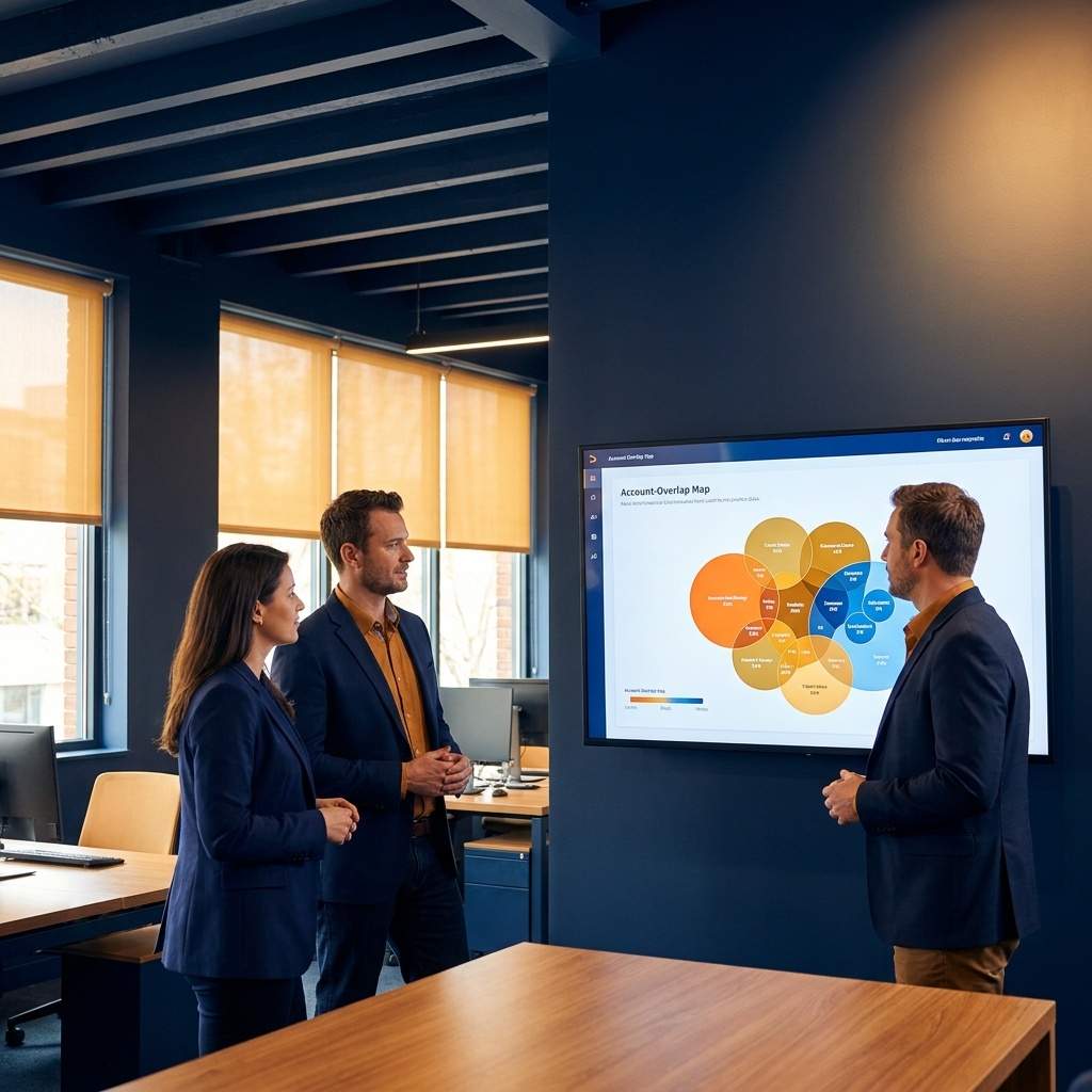 A partnerships leader and two ecosystem partners reviewing an account-overlap map on a large monitor in a modern office, deep navy and warm amber palette