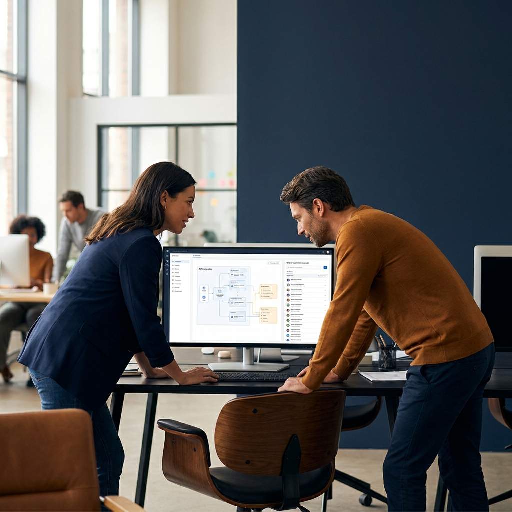 A partnerships lead and a product manager from two software companies reviewing an API integration diagram and a shared-account list on a monitor, deep navy and warm amber palette