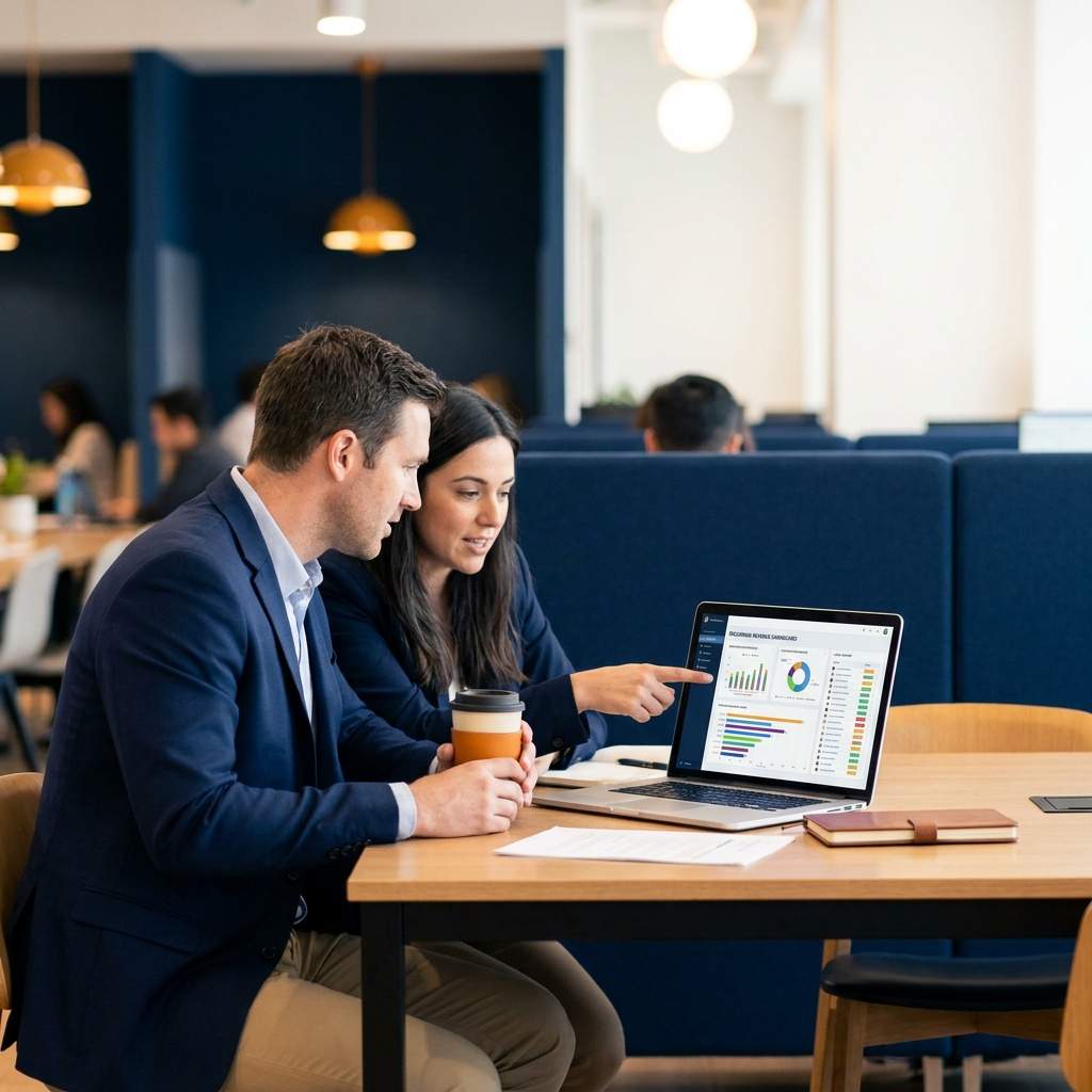An MSP account manager and a vendor channel manager reviewing a recurring-revenue dashboard and a client roster on a laptop at a shared desk, deep navy and warm amber palette