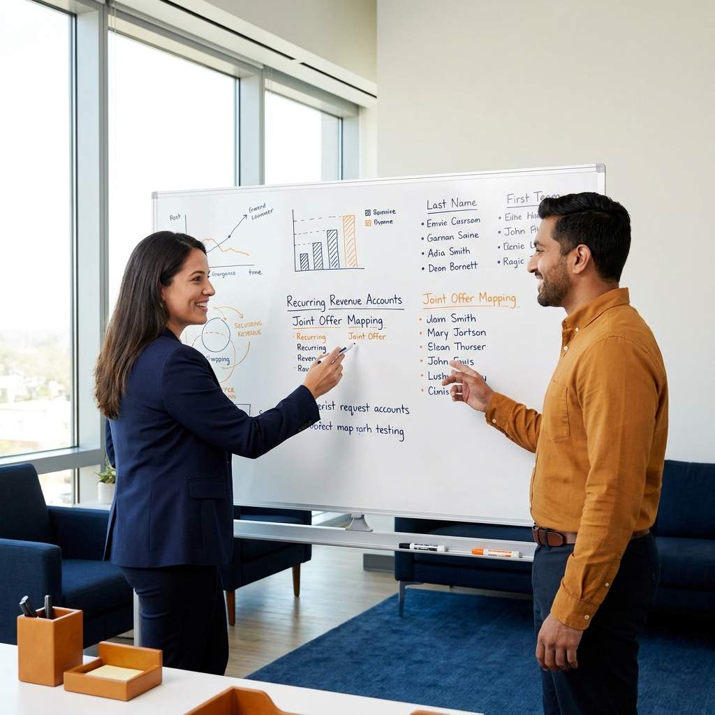 A vendor channel manager and an MSP owner mapping a joint managed-services offer on a whiteboard, listing recurring-revenue accounts to pursue together, deep navy and warm amber palette