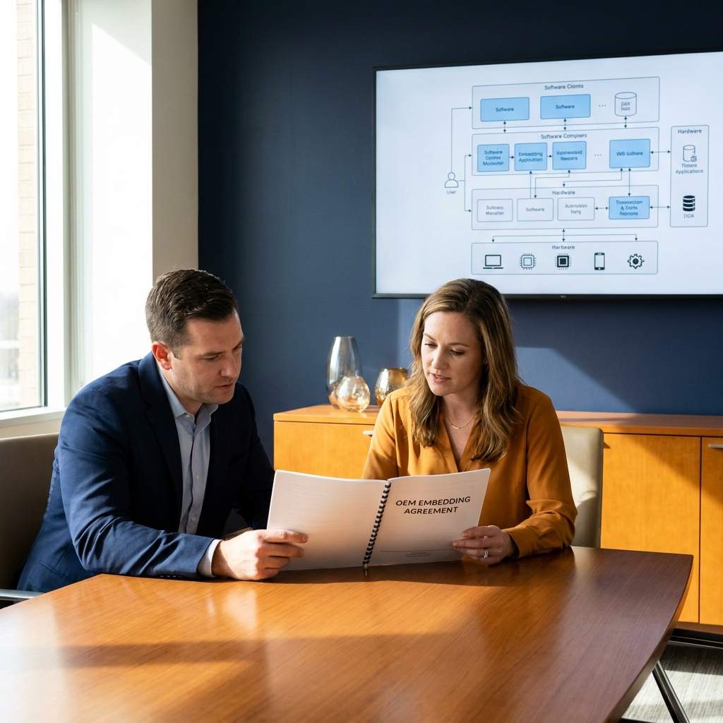 Two contract negotiators from a software vendor and a hardware manufacturer reviewing an OEM embedding agreement across a conference table with a product architecture diagram visible, deep navy and warm amber palette
