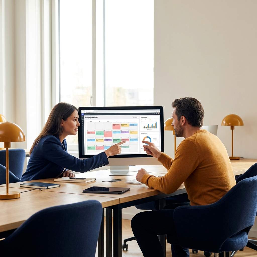 A vendor partner marketing manager and a reseller's marketing lead reviewing a co-branded campaign calendar and a lead-attribution dashboard at a shared desk, deep navy and warm amber palette