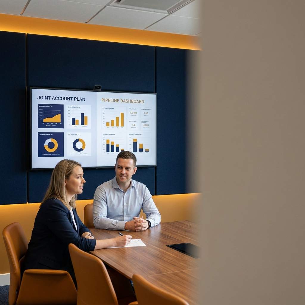 Two professionals sit at a conference table reviewing a dashboard with charts labeled 'Joint Account Plan' and 'Pipeline Dashboard' in a modern office setting.