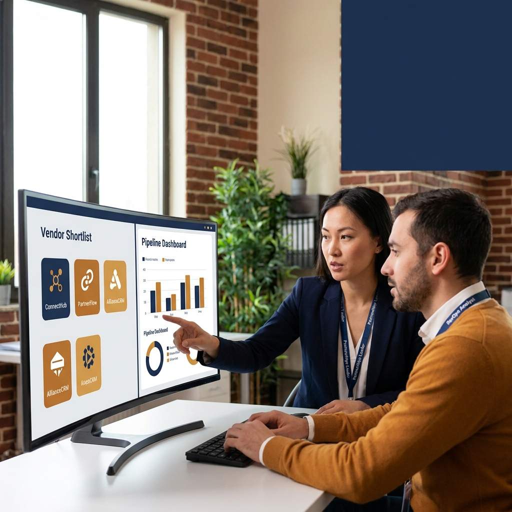 A partnerships leader and a RevOps analyst comparing partner management software options on a monitor with a vendor shortlist and a pipeline dashboard visible, deep navy and warm amber palette