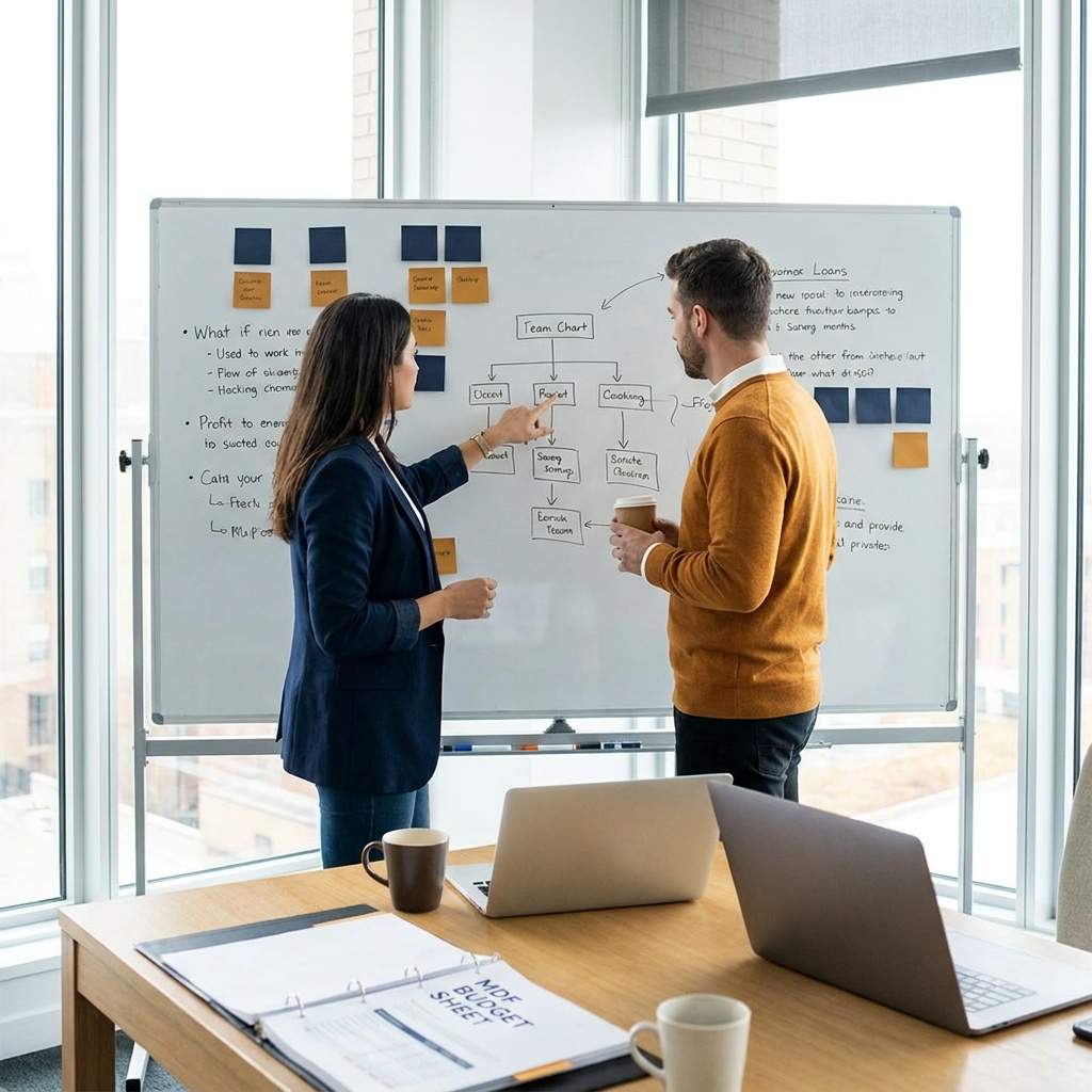 Two professionals discuss a flowchart on a whiteboard in a bright office environment with laptops nearby and coffee cups on the table, planning a project workflow.