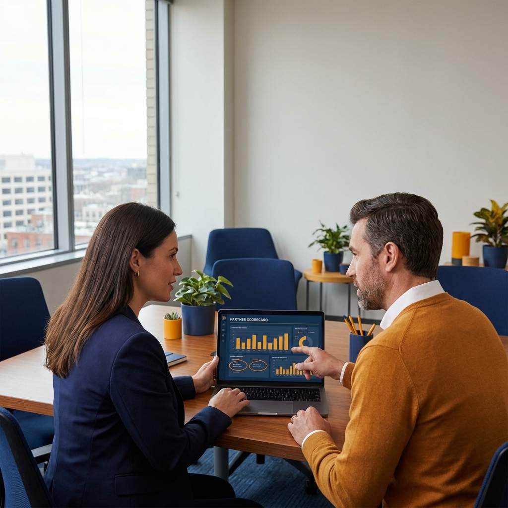 A partnerships leader and a CRO reviewing a partner scorecard on a laptop, comparing sourced pipeline against activation rate per partner and marking two partners to double down on, deep navy and warm amber palette