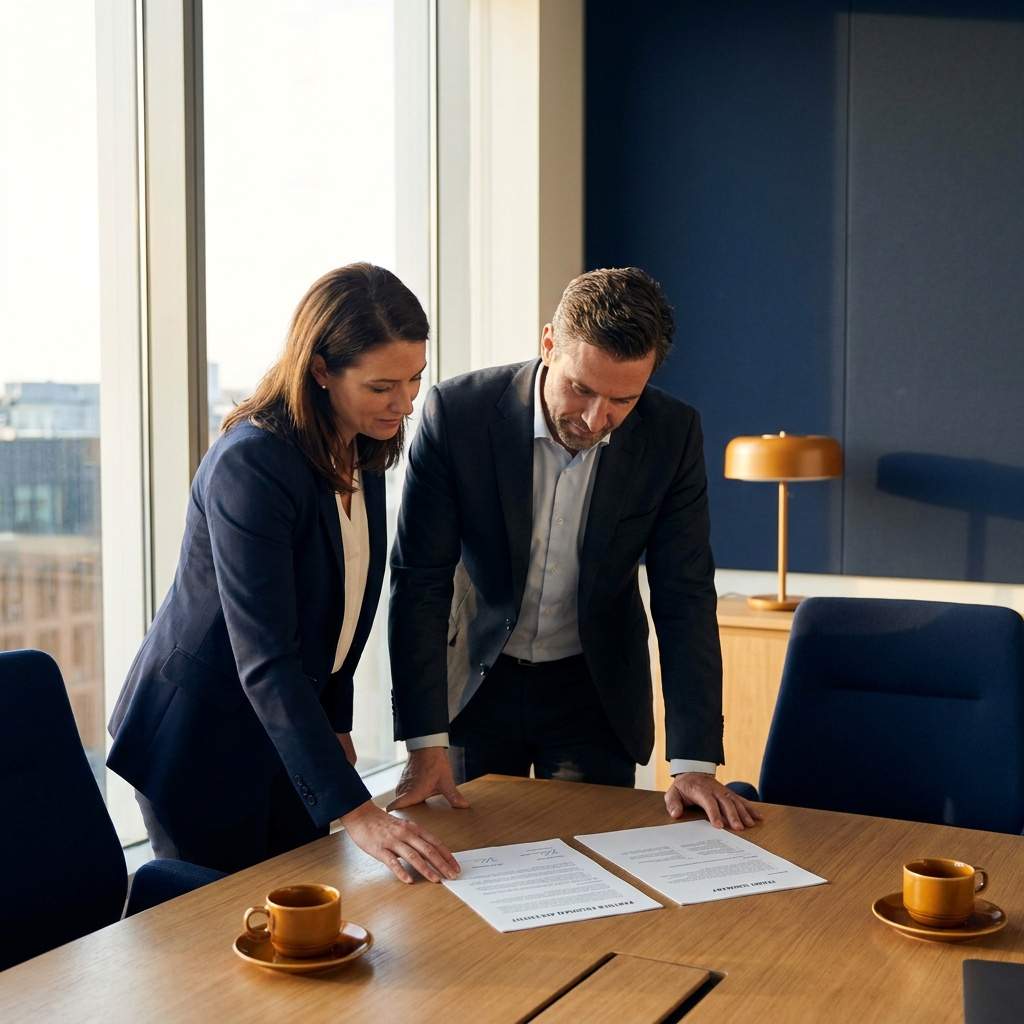 A vendor partnerships leader and a new partner's principal reviewing a signed partner program agreement and a terms summary sheet across a conference table, deep navy and warm amber palette