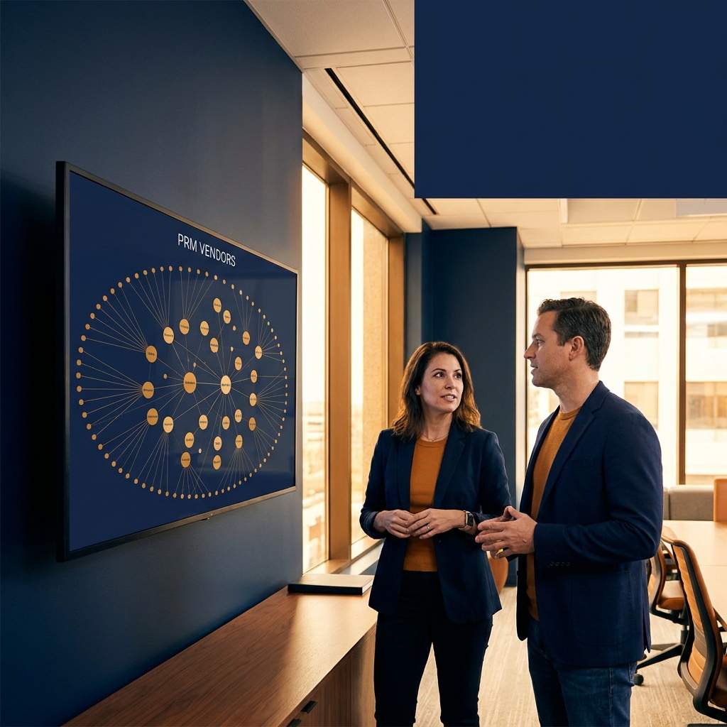 Two partnerships leaders studying a market-landscape chart of PRM vendors on a large monitor in a modern office, deep navy and warm amber palette