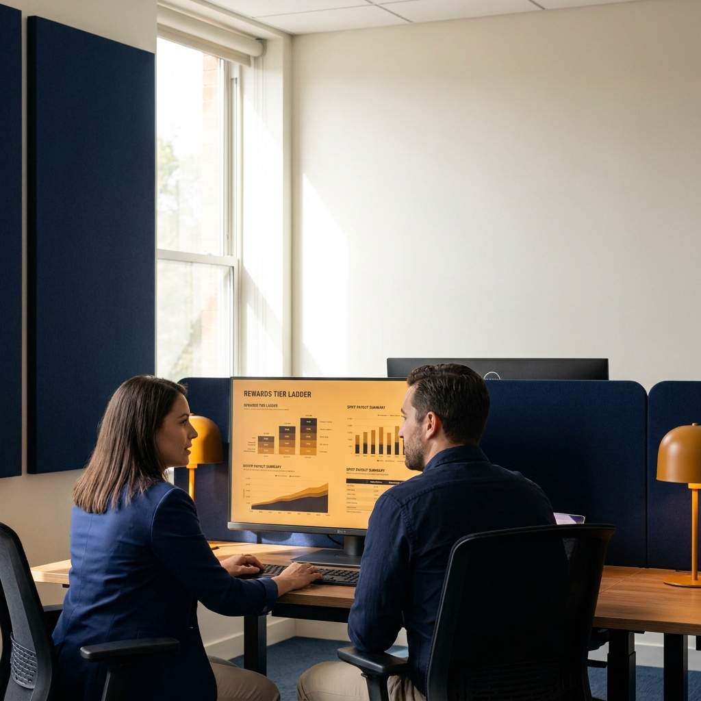 A vendor partnerships leader and a partner account rep reviewing a rewards tier ladder and a spiff payout screen on a monitor at a shared desk, deep navy and warm amber palette
