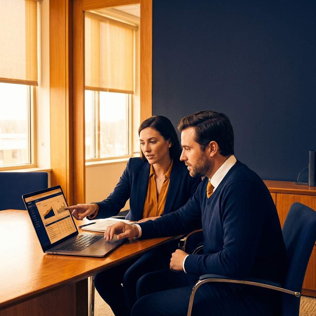 A partner enablement manager reviewing partner training completion and certification data on a laptop with a partner rep beside them, deep navy and warm amber palette