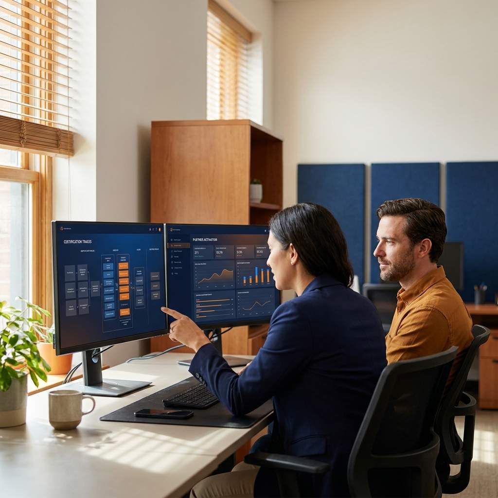 A partner enablement lead and a channel manager comparing partner training platforms on two monitors, weighing certification tracks against a partner activation dashboard, deep navy and warm amber palette