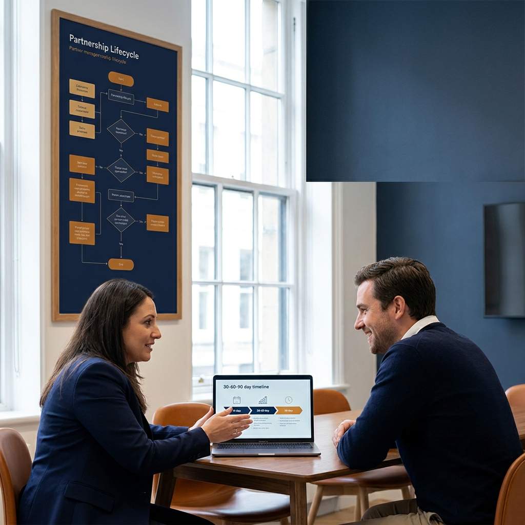 A partner manager walking a new partner through a 30-60-90 day activation plan on a laptop, a stage-by-stage lifecycle chart taped to the wall behind them, deep navy and warm amber palette