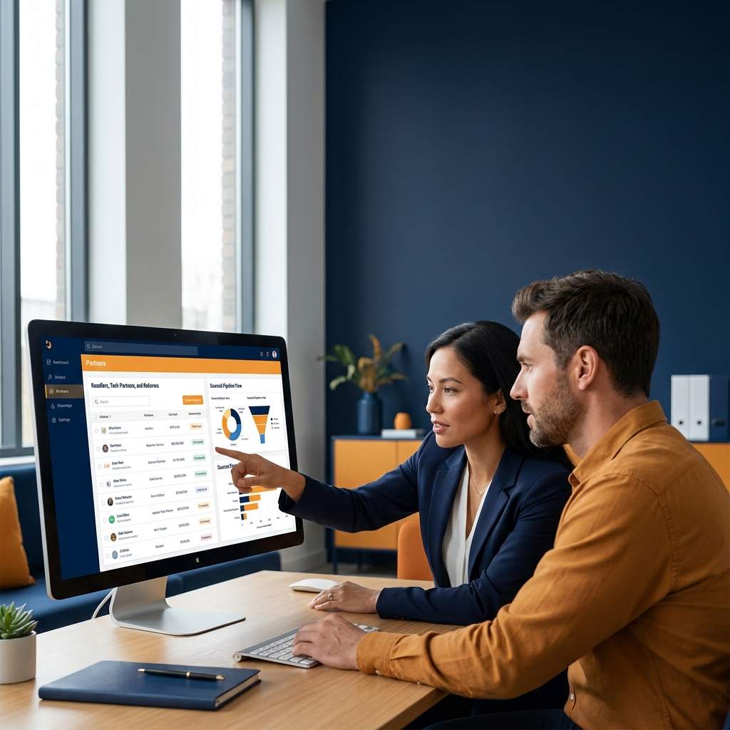 A partnerships leader and an operations manager evaluating partnership management software on a monitor showing a mixed partner list of resellers, tech partners, and referrers with a sourced-pipeline view, deep navy and warm amber palette