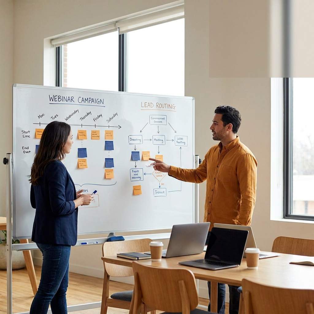 A partner marketing manager and a partner's field marketer planning a co-branded webinar on a whiteboard with a campaign calendar and lead-routing plan visible, deep navy and warm amber palette