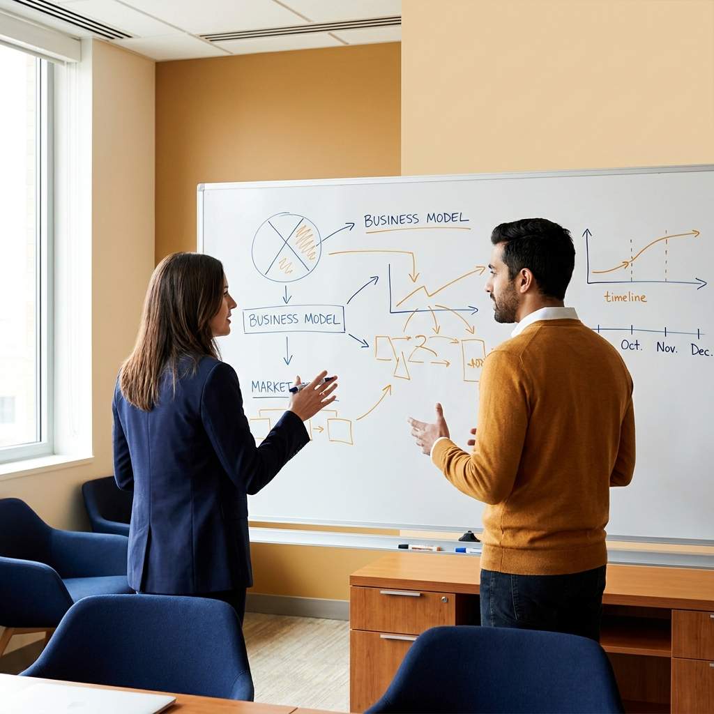 A founder and a partnerships leader working through a partnership strategy on a whiteboard, mapping business goals to partner types and a sourced-pipeline target, deep navy and warm amber palette