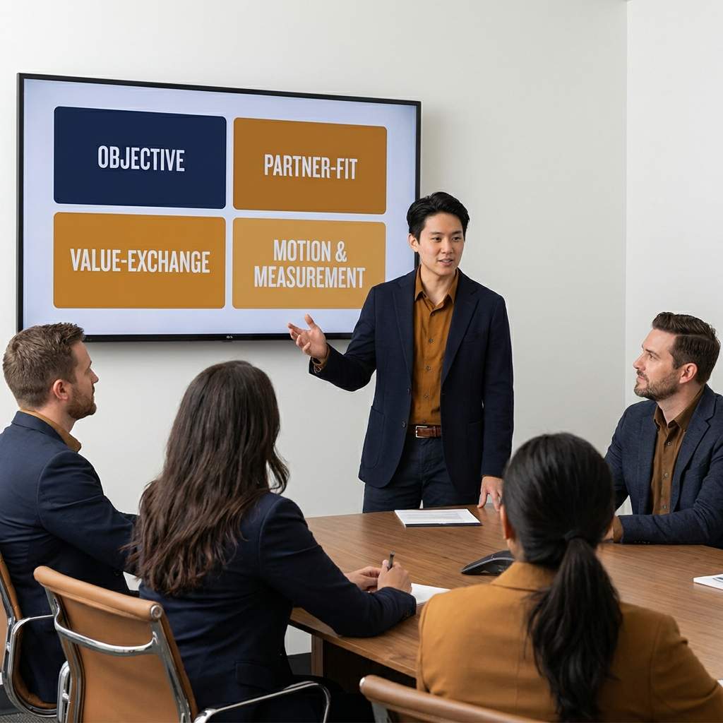 A partnerships leader walking a team through a partnership strategy framework on a wall monitor, filling in objective, partner-fit, value-exchange, motion, and measurement sections, deep navy and warm amber palette