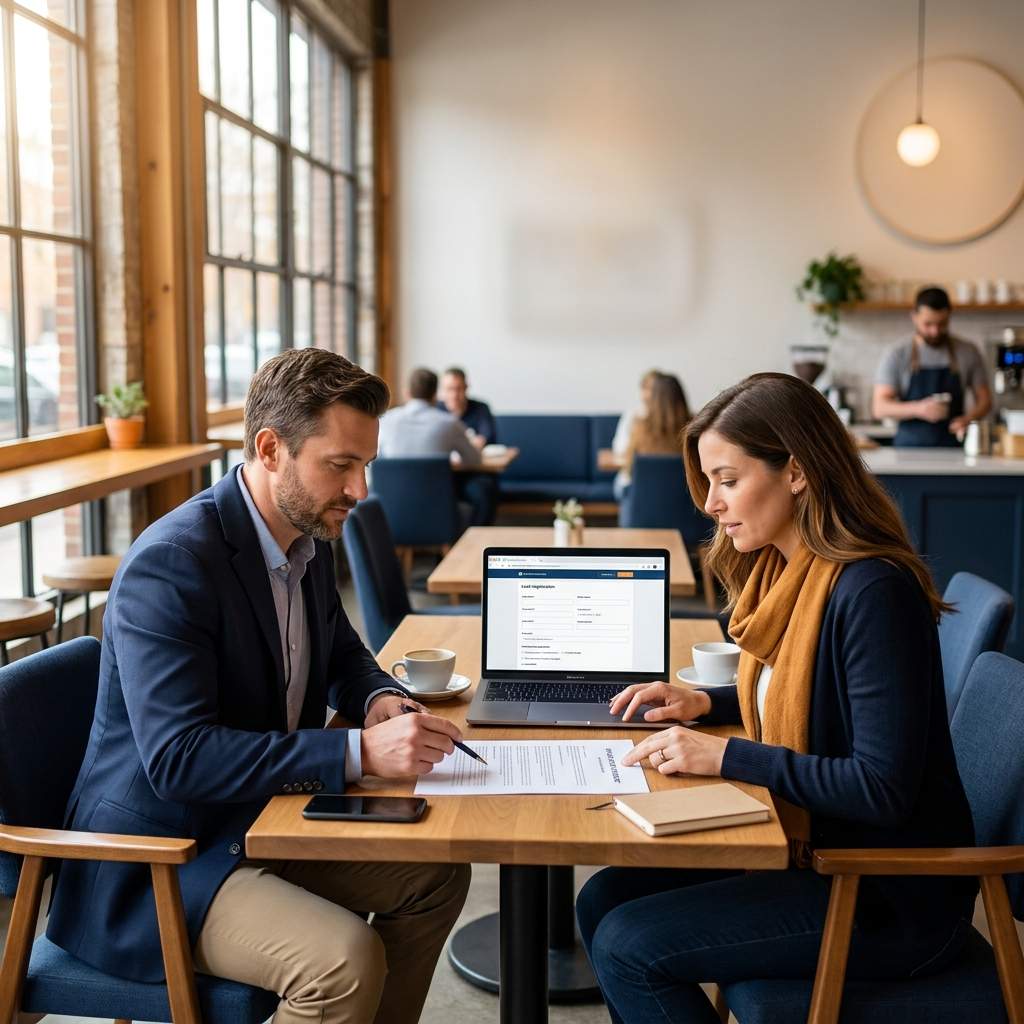 A partnerships leader and a referral partner reviewing a one-page referral agreement and a lead-registration screen at a coffee meeting, deep navy and warm amber palette