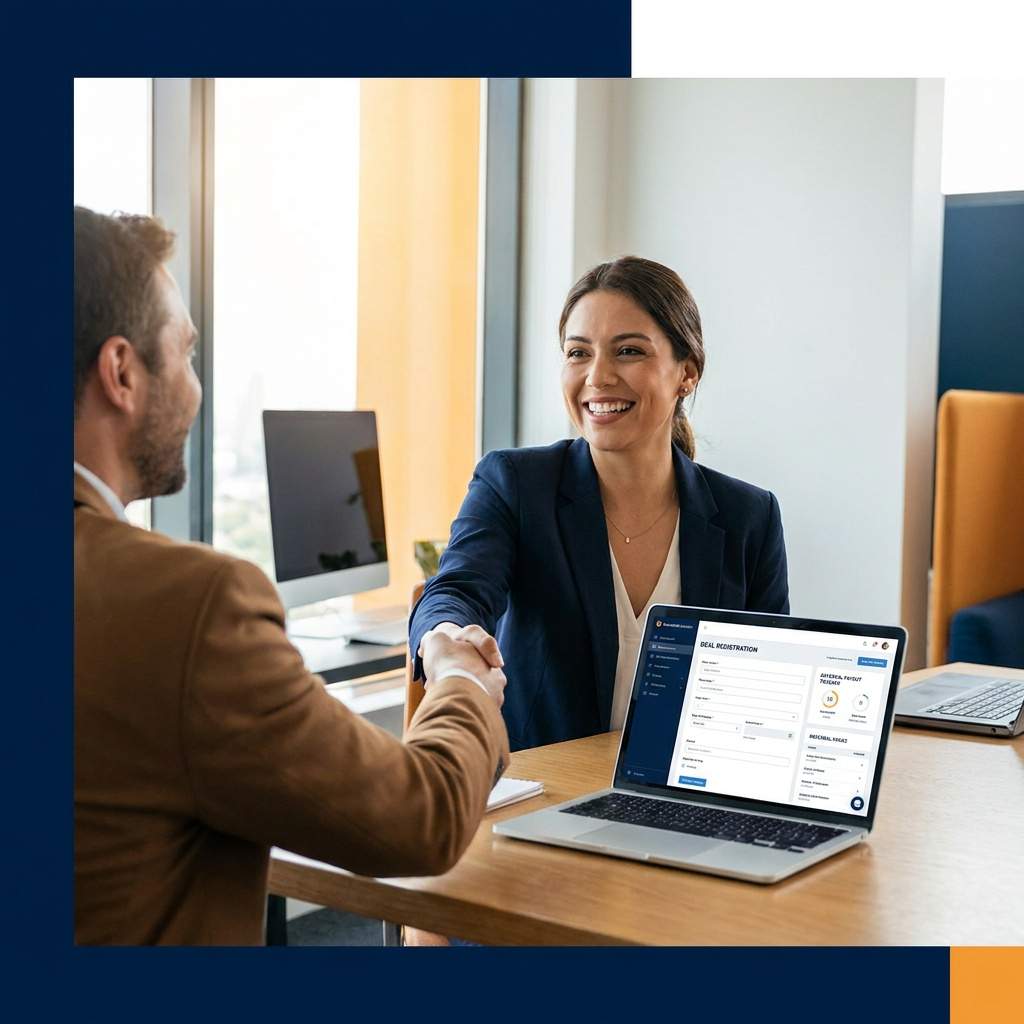 A partnerships leader and a referral partner shaking hands over a laptop showing a deal-registration form and a referral-payout tracker, deep navy and warm amber palette