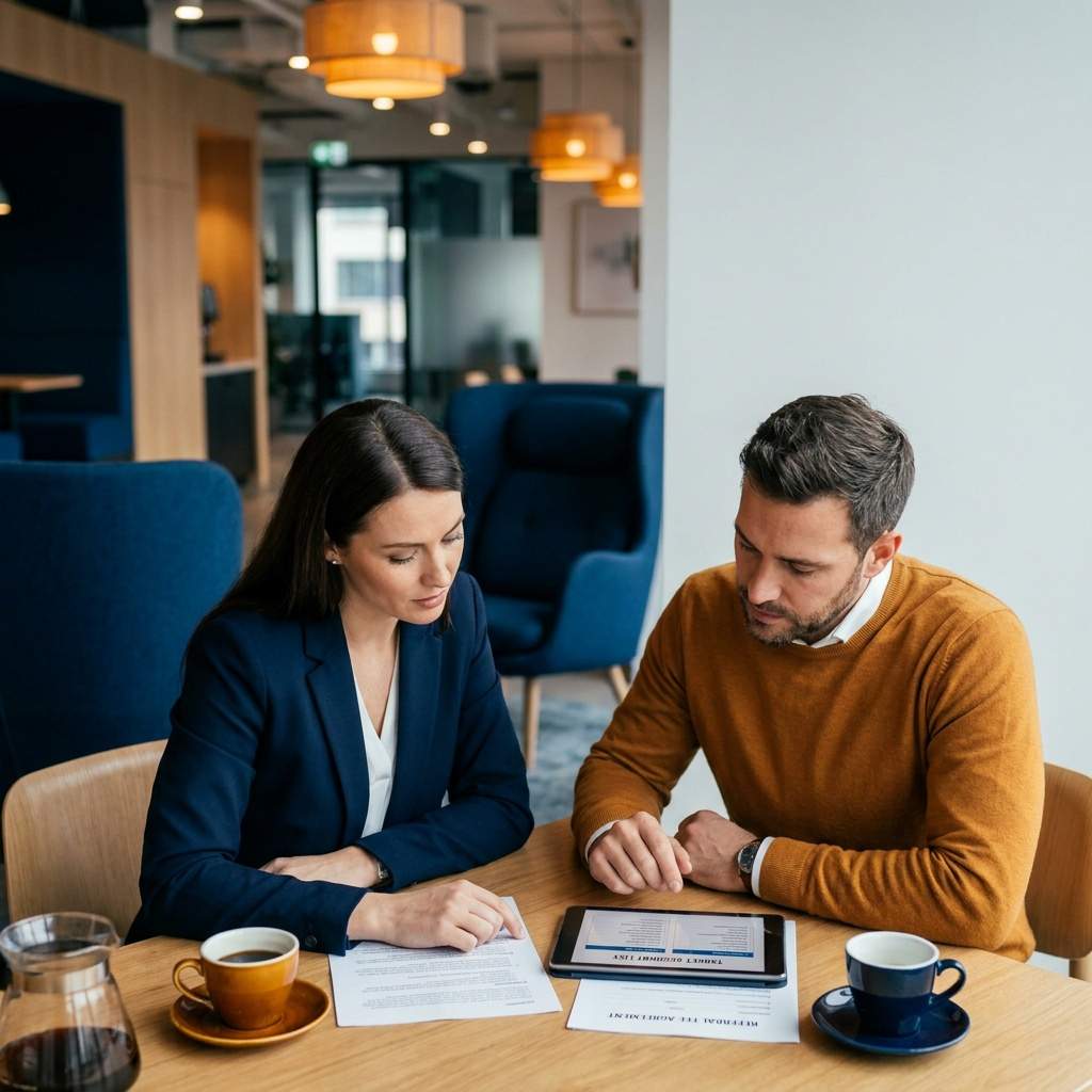 A vendor partner manager and a referral partner reviewing a short target account list and a referral fee agreement over coffee, deep navy and warm amber palette
