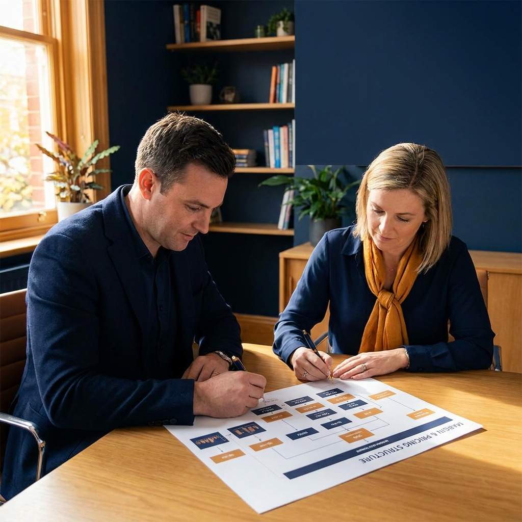 A vendor partnerships lead and a reseller principal signing a reseller agreement across a table with a margin and pricing structure printed between them, deep navy and warm amber palette