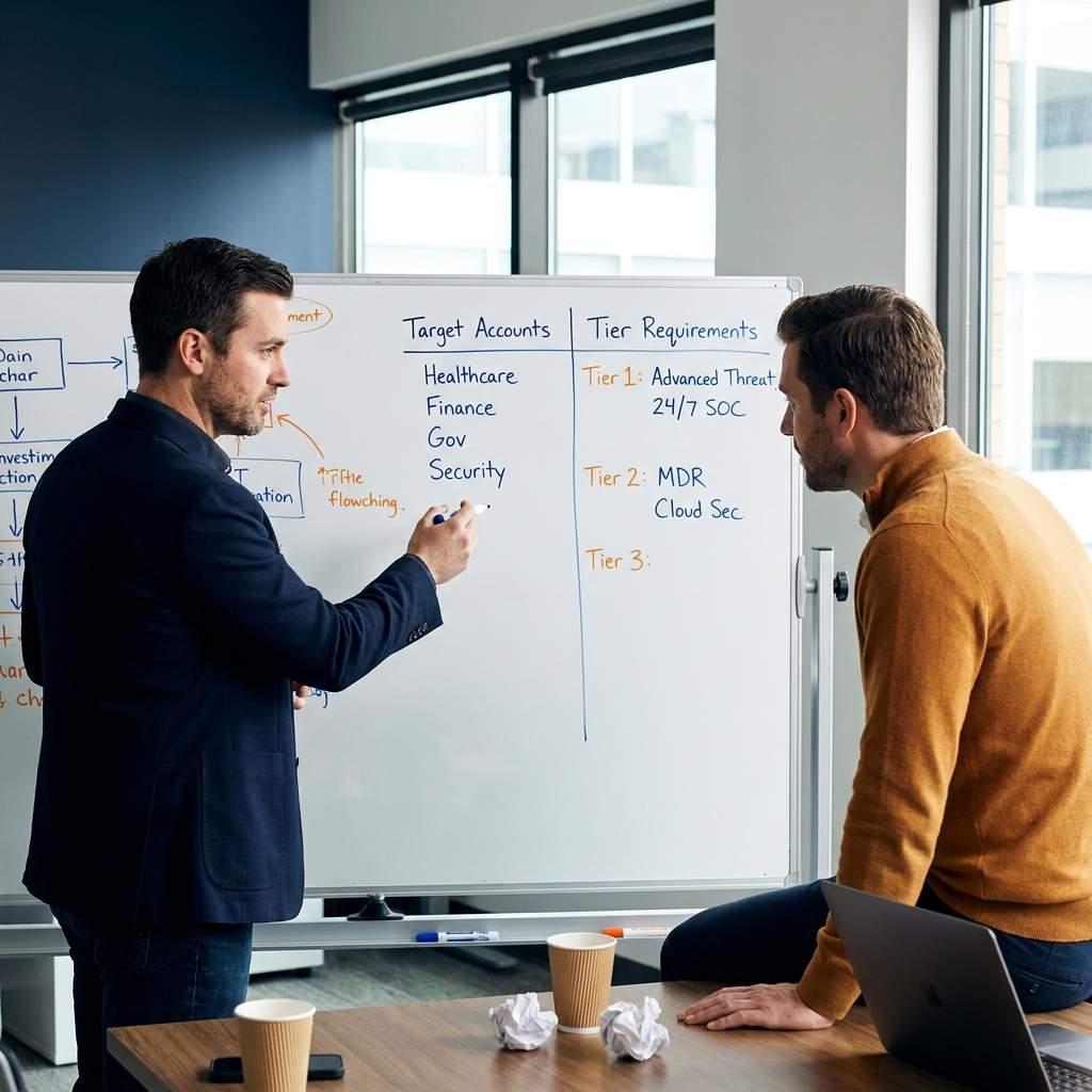 A cybersecurity vendor's channel chief and an MSSP owner mapping a joint security offer on a whiteboard, listing target accounts and tier requirements, deep navy and warm amber palette