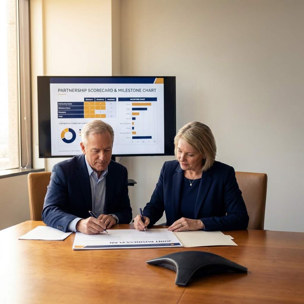 Two company executives signing a joint business plan across a conference table with a partnership scorecard and milestone chart visible on a monitor, deep navy and warm amber palette
