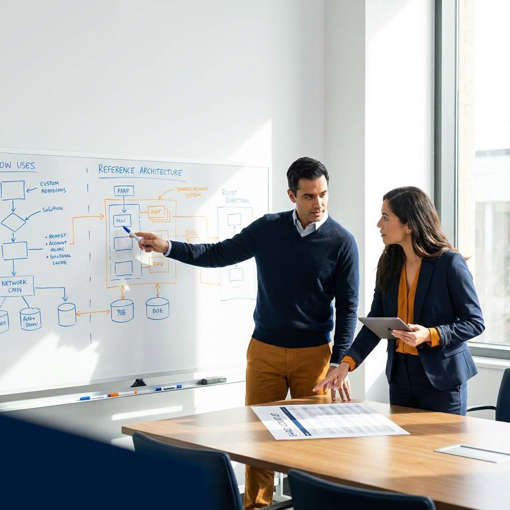 Two professionals discuss a large whiteboard diagram during a meeting, one pointing to a flowchart while the other holds a tablet and listens.