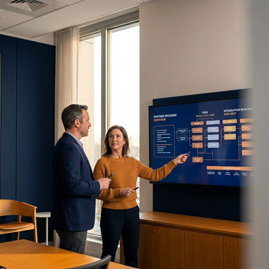 A partnerships lead and a product manager reviewing a technology partner program structure with an integration roadmap and partner tiers on a wall monitor, deep navy and warm amber palette