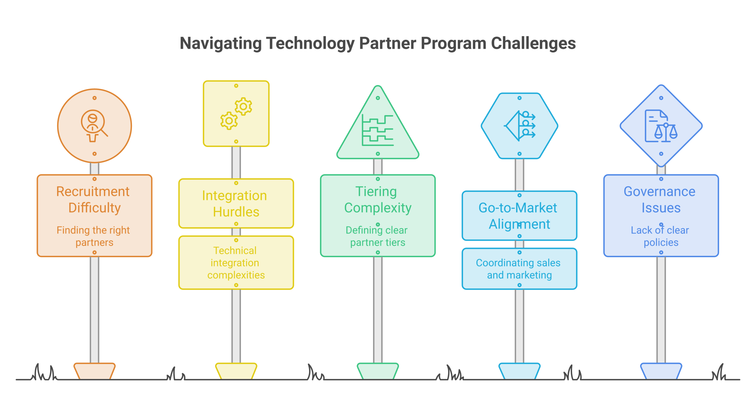 technology partner program framework diagram showing the five components from recruitment to measurement
