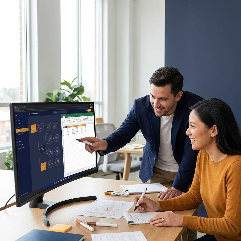 Two product and partnerships leaders from complementary software companies mapping a joint solution architecture and a shared-account list on a monitor, deep navy and warm amber palette