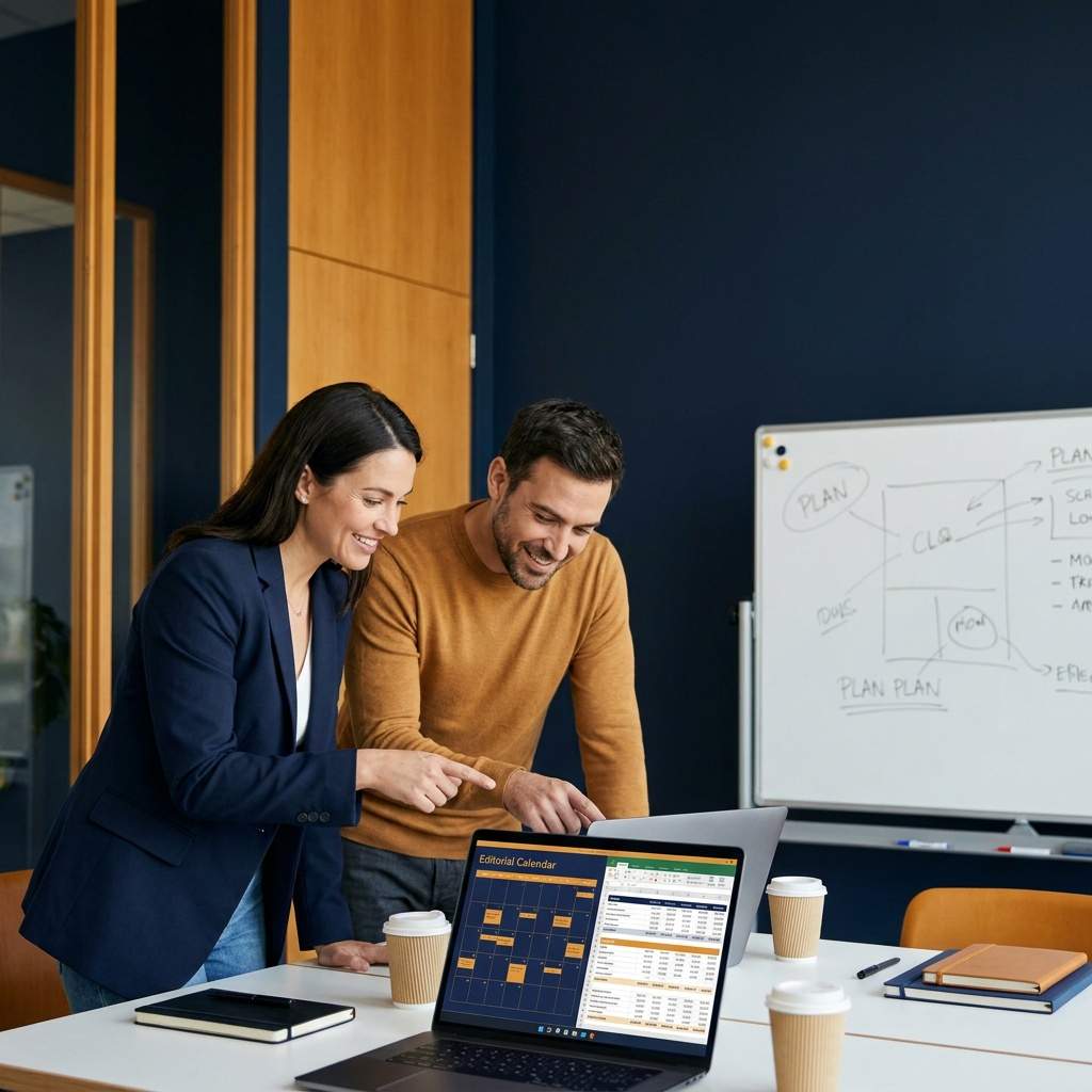A vendor partner marketer and a reseller's marketing lead planning a co-branded campaign together with a shared editorial calendar and a co-op budget sheet on screen, deep navy and warm amber palette