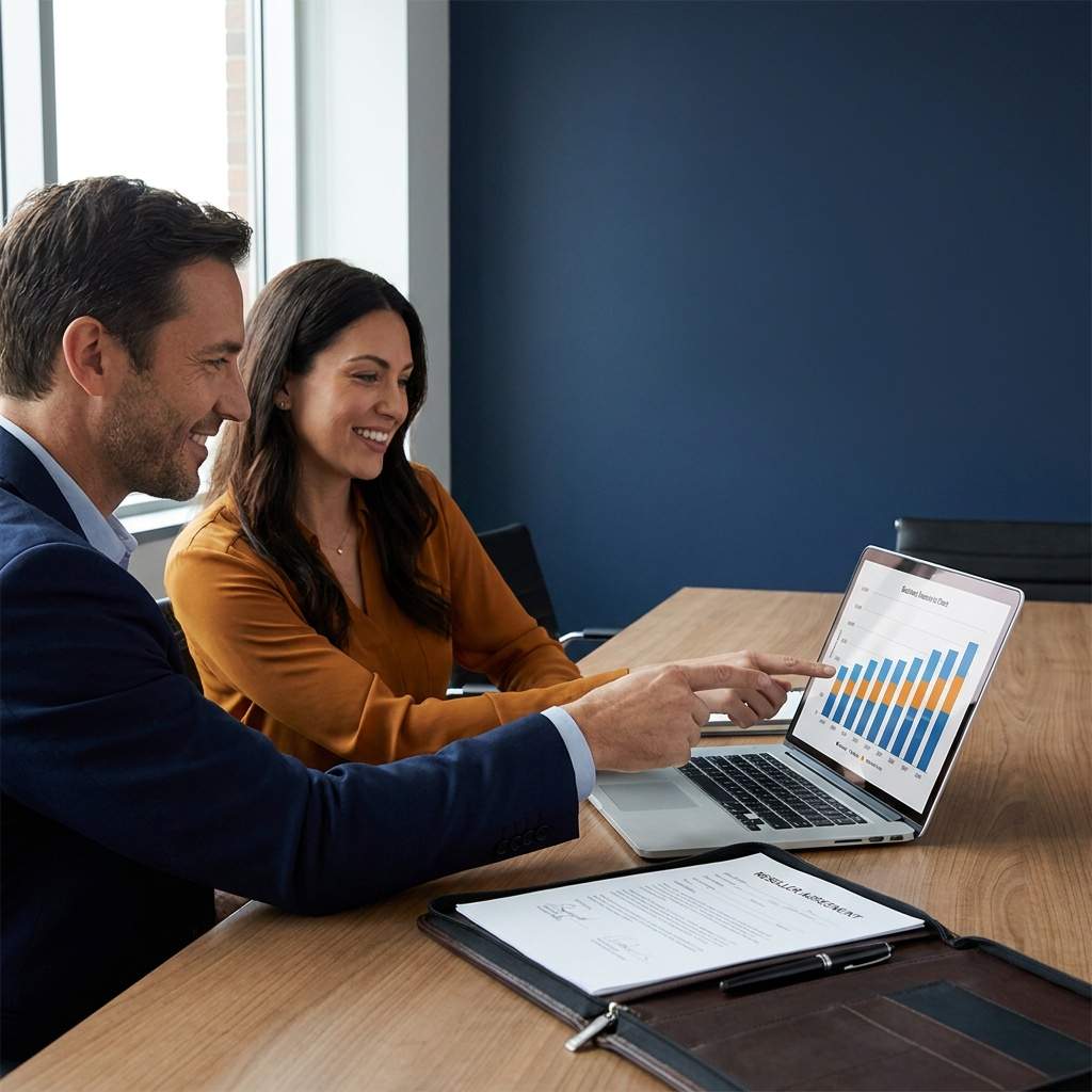 Two business professionals review a laptop displaying a multi-color bar chart during a meeting in a bright office setting.