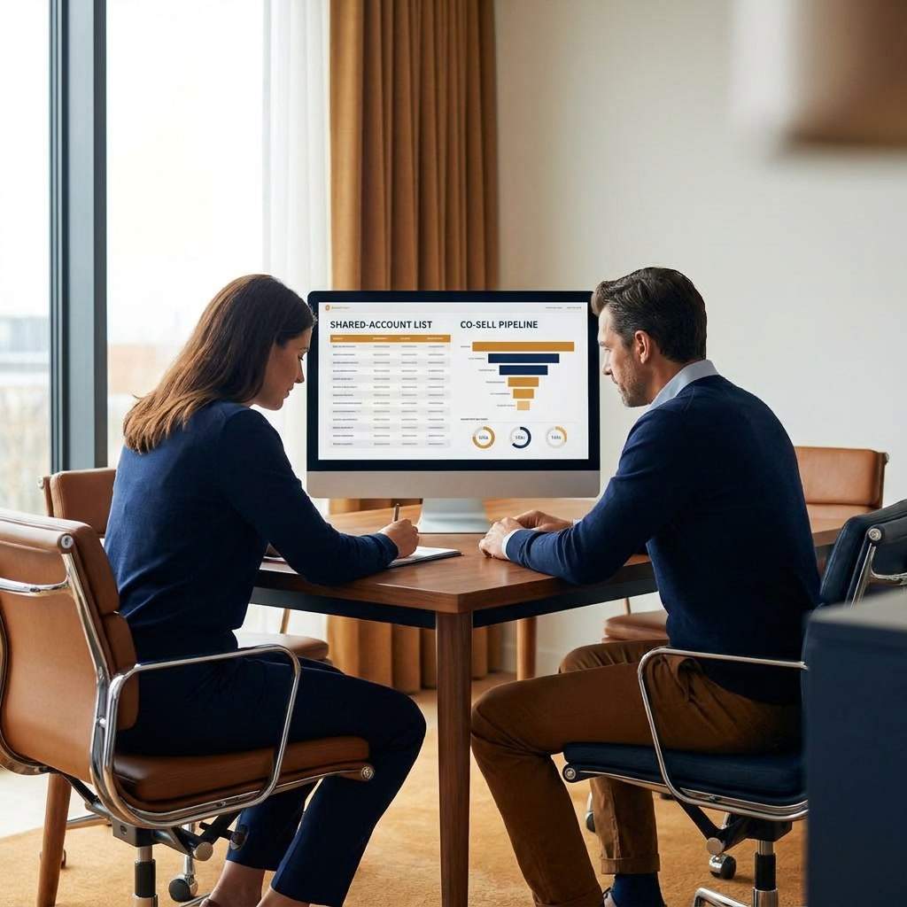 A partner manager running a deal review at a desk with an account executive, a shared-account list and a co-sell pipeline open on the monitor between them, deep navy and warm amber palette