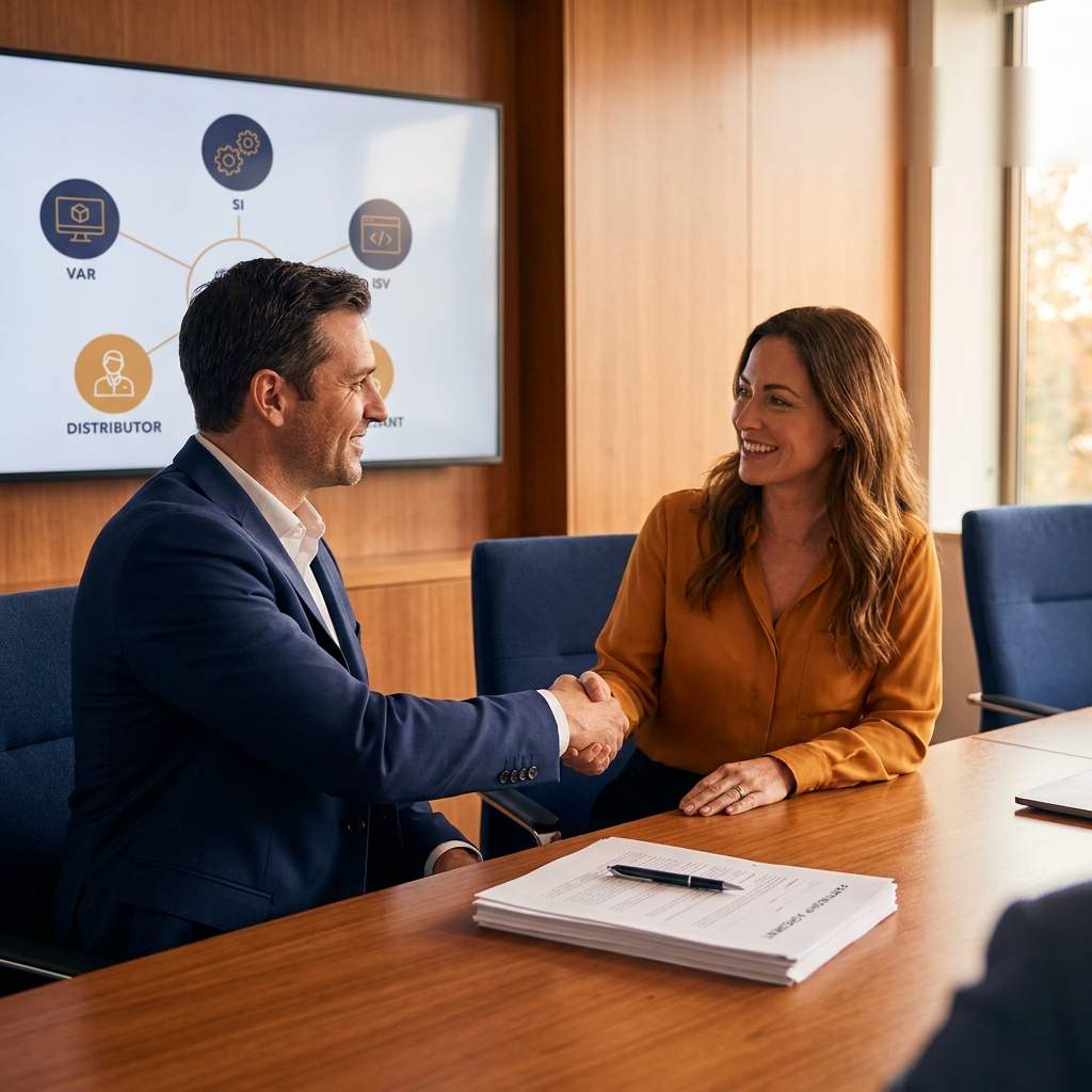 A vendor channel manager and a partner rep shaking hands over a signed partnership agreement with a partner-types diagram on the wall monitor behind them, deep navy and warm amber palette