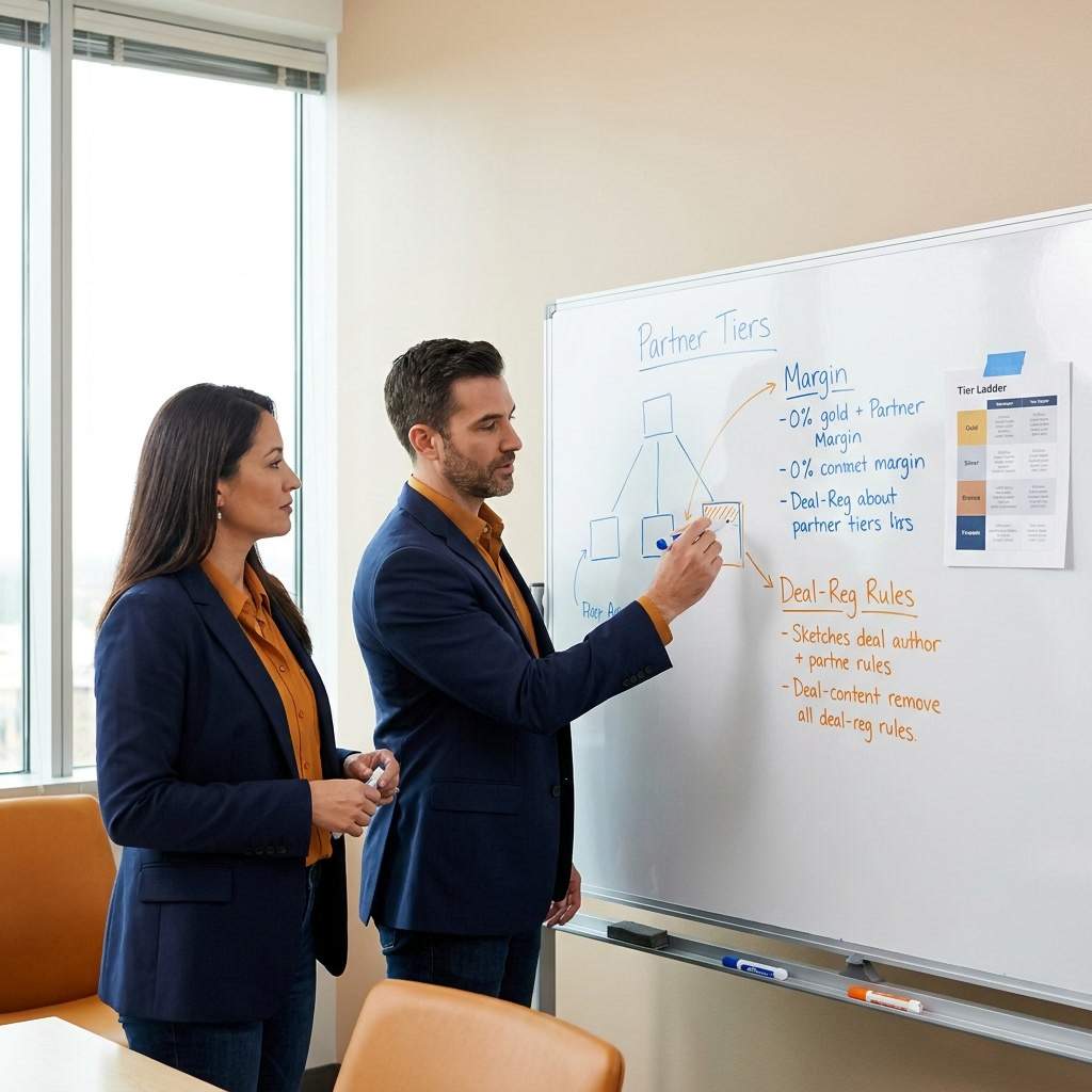 A channel chief and a partnerships lead at a whiteboard mapping partner tiers against margin and deal-registration rules, a printed tier ladder taped beside them, deep navy and warm amber palette