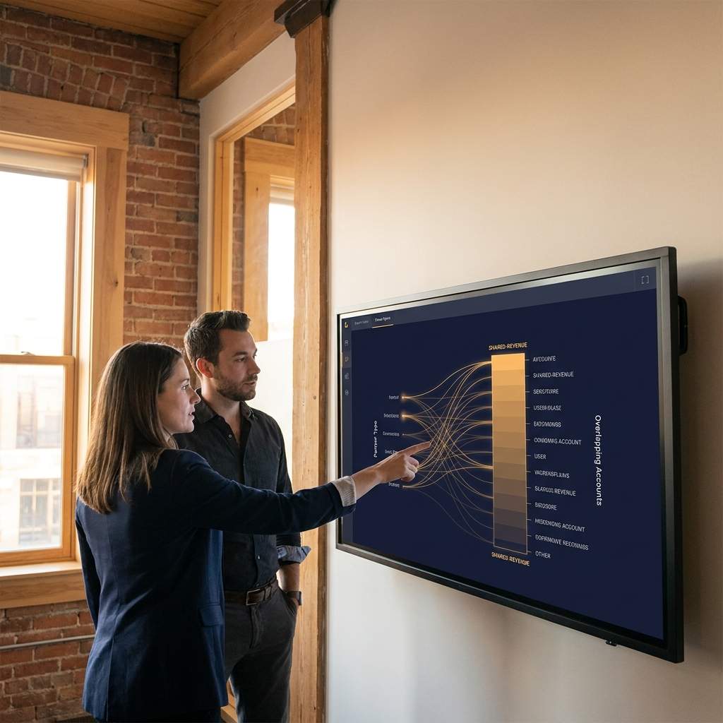 A partnerships leader and a RevOps analyst standing at a wall monitor that maps partner types against overlapping customer accounts, pointing at a shared-revenue column, deep navy and warm amber palette