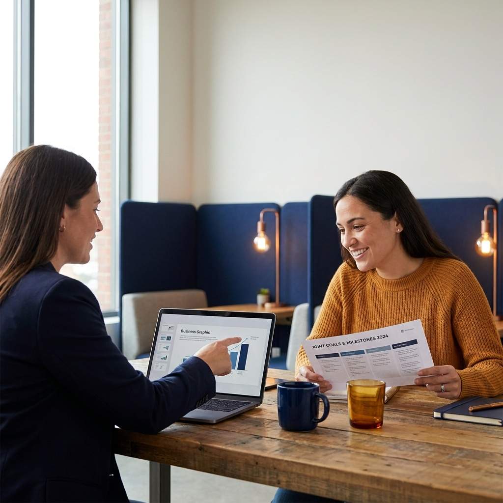 A partner success manager walking a partner contact through a partner success plan on a laptop, a printed page of goals and milestones on the table between them, deep navy and warm amber palette