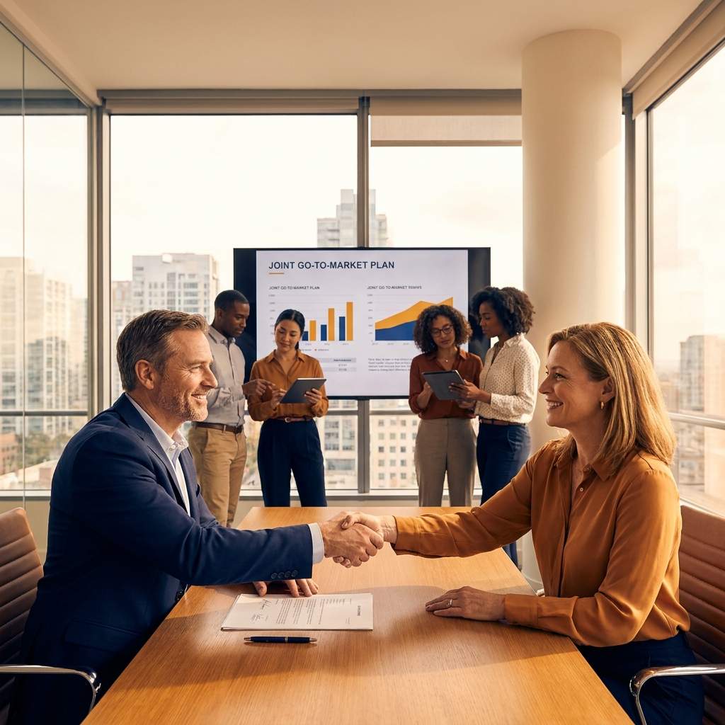 Two company executives shaking hands over a signed alliance agreement while their teams review a joint go-to-market plan on a screen behind them, deep navy and warm amber palette