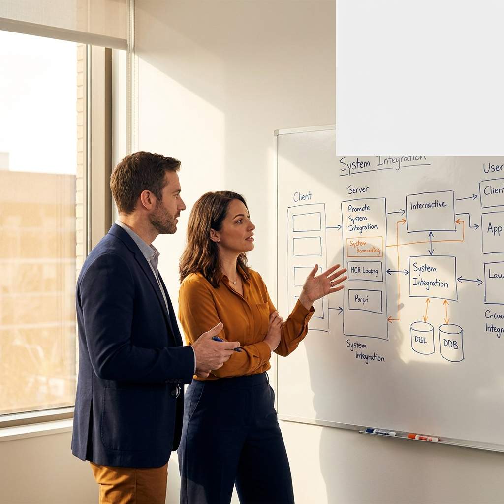 A systems integrator's solution architect and a client IT lead reviewing an integration architecture diagram on a whiteboard, deep navy and warm amber palette