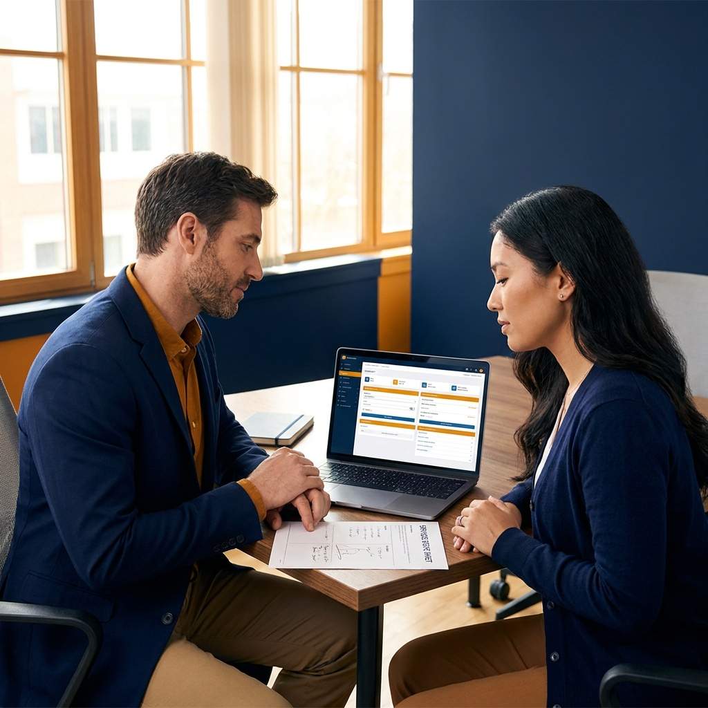 A value added reseller's consultant configuring a vendor's software on a laptop next to a customer's operations lead, a services scope sheet visible on the desk, deep navy and warm amber palette
