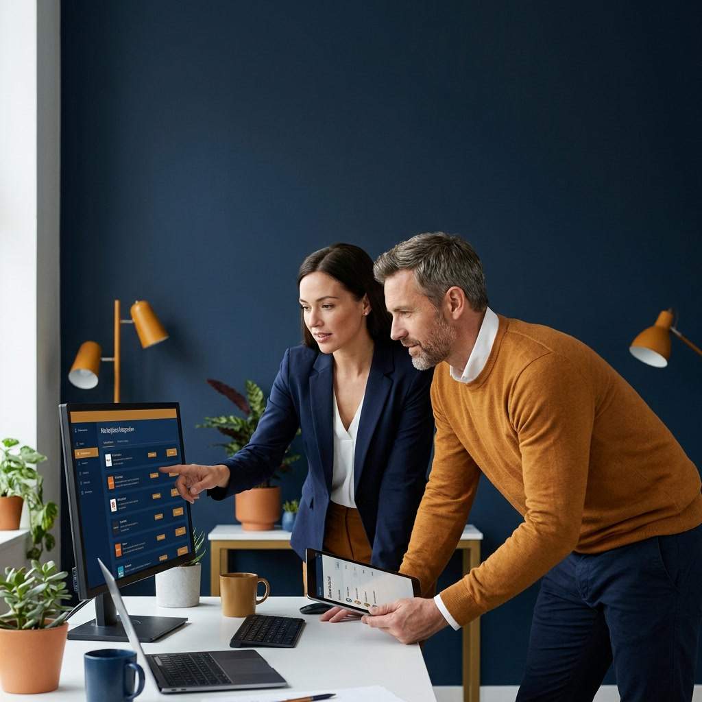 A platform partner manager and an independent software vendor's product lead reviewing a marketplace integration listing and a shared-account list on a monitor, deep navy and warm amber palette